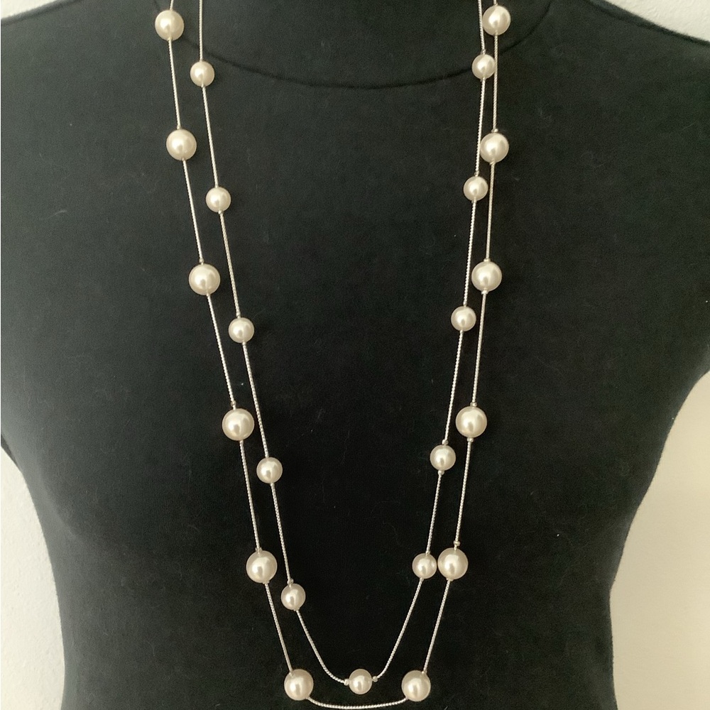 RMN Double Strand Silver and Faux Pearl Necklace